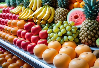 A beautiful arrangement of fresh fruit on grocery store shelves