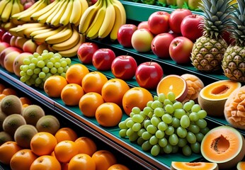 A variety of fresh fruit for sale, including kiwi, melons, oranges, and grapes