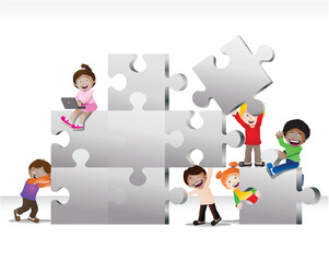 illustration of a multicultural children teamwork kids connecting puzzle on isolated white background.eps