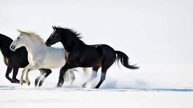 Three wild horses running freely on snowy winter landscape, action animal scene