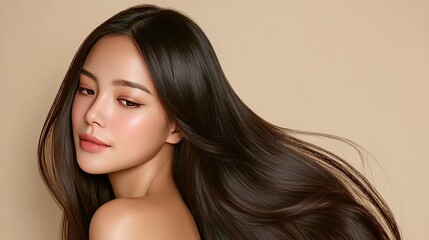 Naklejka premium Elegant Asian Woman with Long Dark Hair, Exuding Professionalism and Aesthetic Appeal for Business Promotion and Design Posters