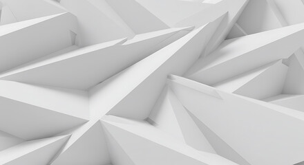 Minimalist white 3D background featuring complex, sharp-edged triangular surfaces in random directions, clean and futuristic style