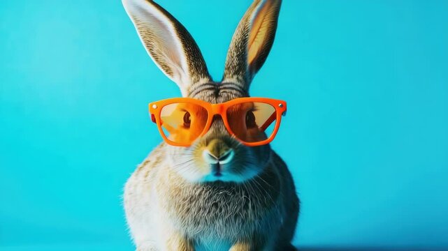 A rabbit wearing orange sunglasses. The rabbit is sitting on a blue surface. The rabbit's eyes are closed