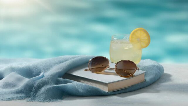 Tranquil summer vacation relaxation with a book and lemonade by the pool