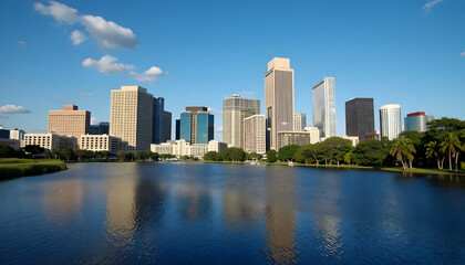 Obraz premium City Skyline Reflection on Water with Blue Sky and Clouds