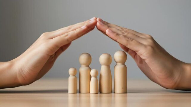 Hands Covering Wooden Figures Representing Growth or Protection in Minimalist Scene