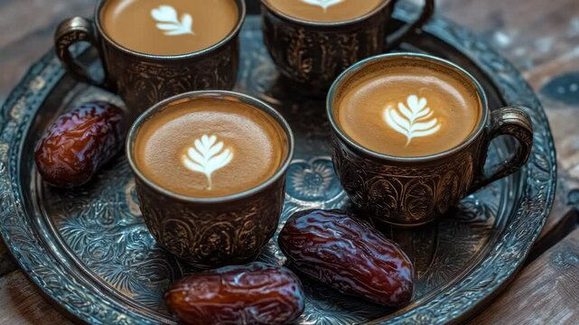 Traditional Middle Eastern breakfast with coffee, dates and latte art. Handcrafted beverages and turmeric latte with intricate designs.