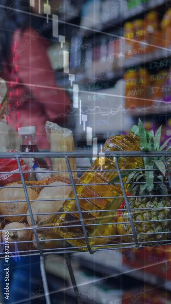 Poster animation of statistics and financial data processing over shopping trolley