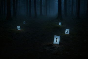 Evidence Markers in Foggy Forest &mdash; Night Trail Crime Scene