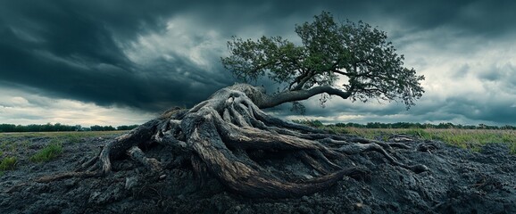 Dramatic Uplifted Roots of Ancient Tree Under Stormy Sky