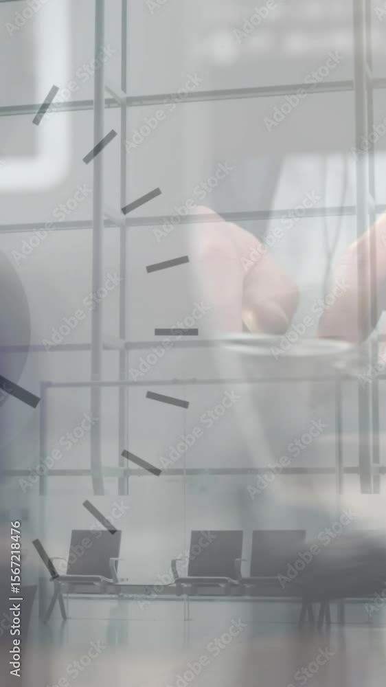 Poster animation of hand of caucasian man using computer over clock moving