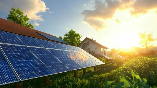 Solar farm with many voltaic panels in a rural landscape.