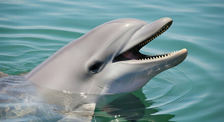 Naklejka premium Dolphin's Gentle Smile: Serene Aquatic Portrait