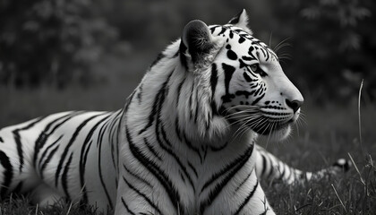 White Tiger Resting in Grass Monochrome Portrait