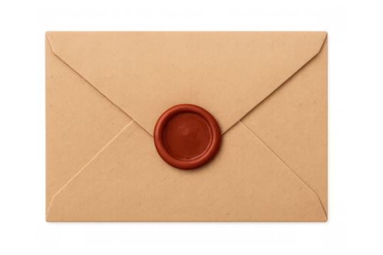3d illustration of a closed brown envelope sealed with a red wax seal, isolated on transparent background - Powered by Adobe