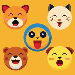 Adorable Animal Emojis Cute Cat, Dog, Bear, Fox Faces Illustrations