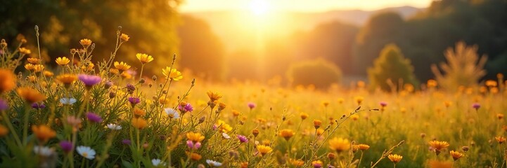 Serene Summer Solstice Landscape Golden Sunlight Bathes Vibrant Wildflowers in a Peaceful Meadow