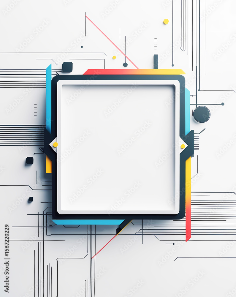 Poster a 3d-rendered digital design with a square frame as the main focal point. a combination of tech-insp