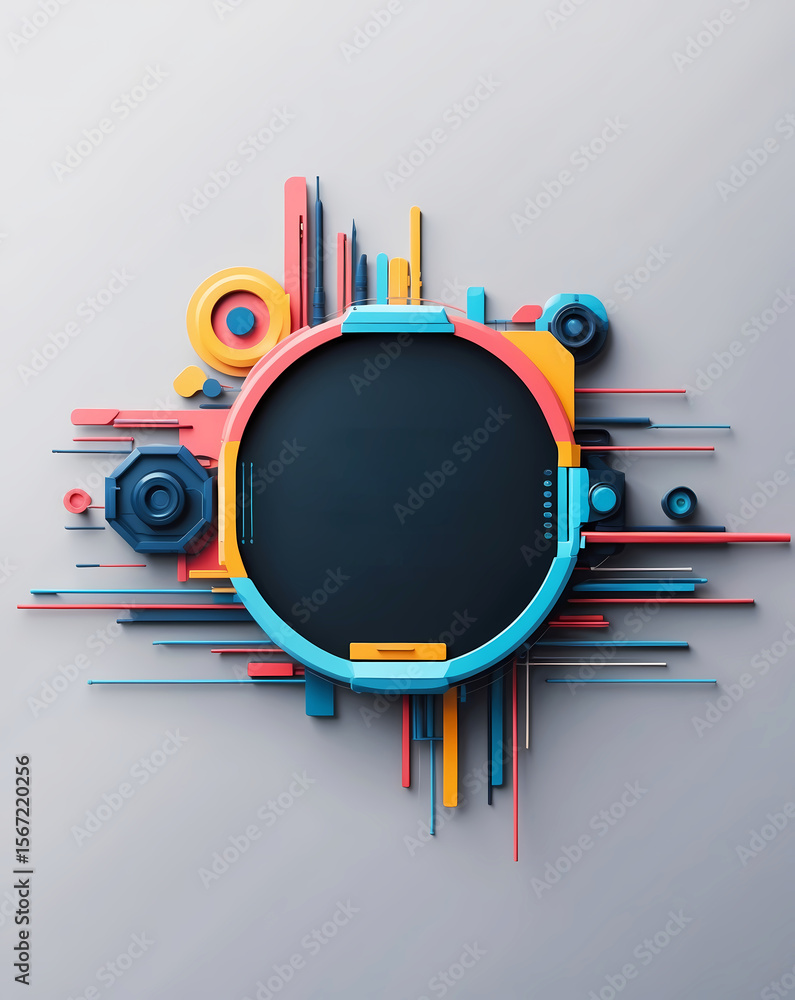 Poster colorful geometric abstract background with a central black circular design. this visually striking 