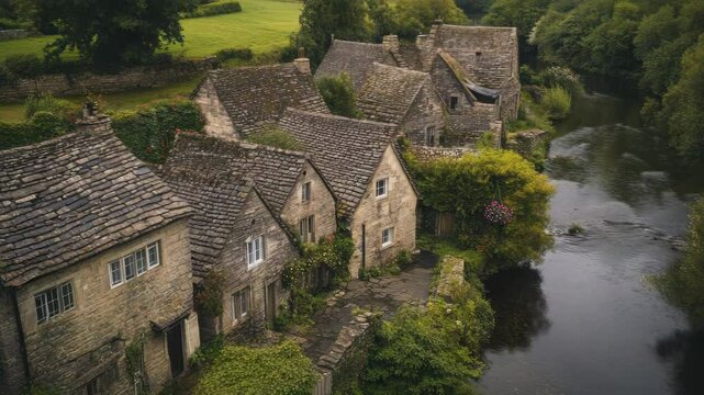 A row of old stone houses with a river in the background. The houses are small and have a stone roof