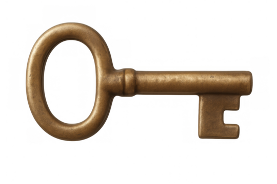 Antique golden key isolated on transparent background, ideal for concepts related to security, mystery, and access