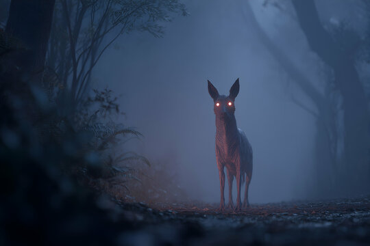 chupacabra with glowing eyes standing in a dark forest silhouette