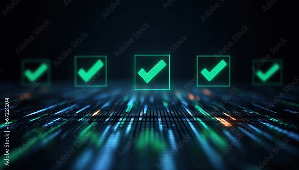 Poster checklist for goal setting. digital checkmarks glowing on a tech-inspired background.