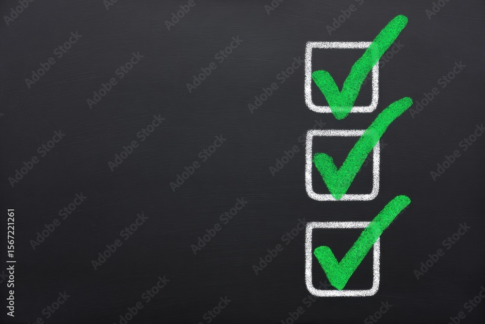 Poster checklist for goal setting. checklist with green checkmarks on a blackboard background.