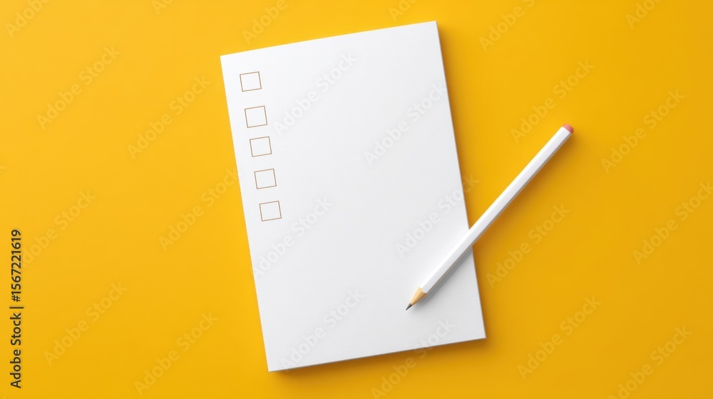 Aufkleber checklist for goal setting. blank checklist notepad on a vibrant yellow background with a pen.
