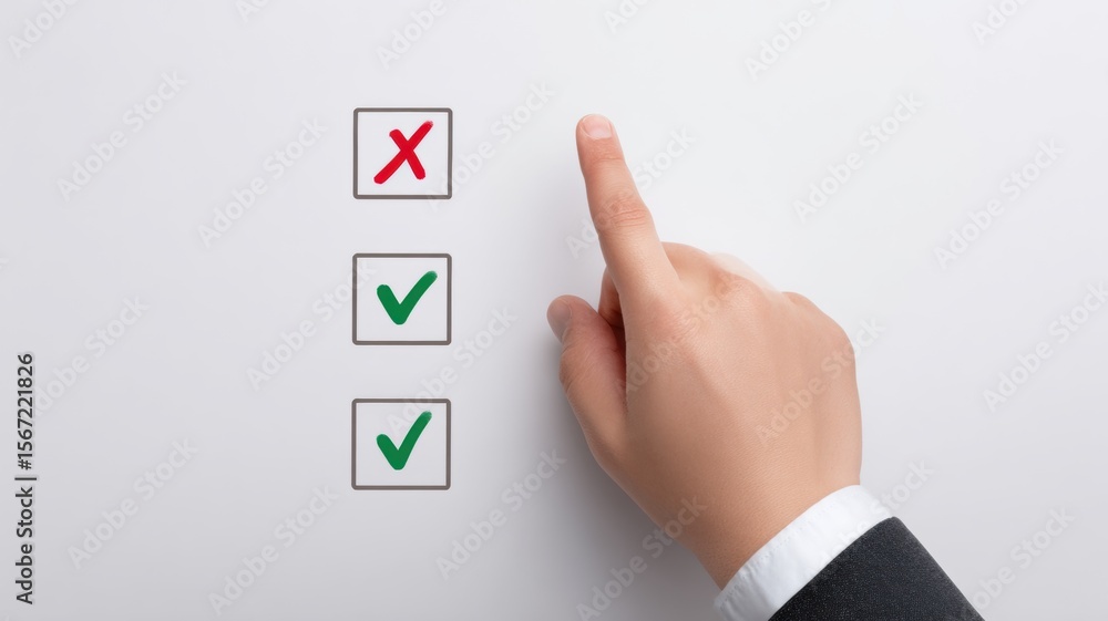 Poster checklist for goal setting. hand selecting checkboxes with red cross and green checks on a white bac