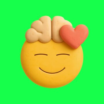Emoji with brain heart animation, transparent 4K video, green screen