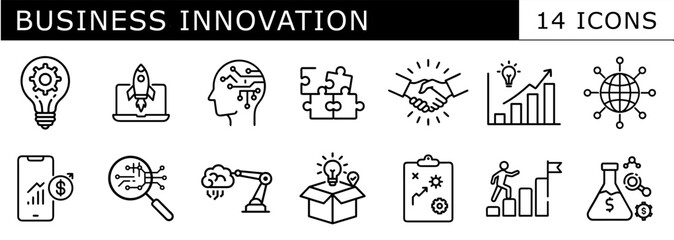 A set of 14 linear icons representing business innovation, encompassing ideas, technology, collaboration, growth, and problem-solving.