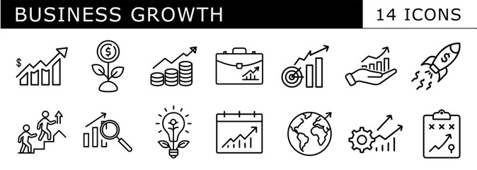 A set of 14 linear icons symbolizing business growth, featuring concepts like increasing profits, financial investment, market expansion, and strategic planning.