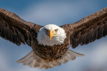 Closeup shot of eagle flying front in bright blue sky