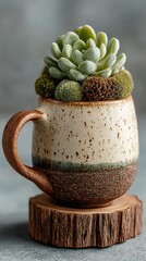 Whimsical White Ceramic Mug Featuring a Small Succulent on a Natural Wooden Stand, Perfect for Adding a Touch of Greenery to Your Coffee Break