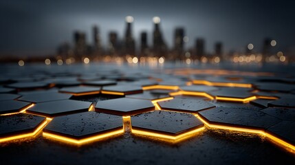 Glowing Hexagonal Grid Pattern with Soft Ambient Lighting for Industrial, Minimalist, and Futuristic Visions