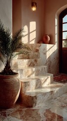 Sophisticated Stone Detail: Close-Up Shot of Pristine Beige Marble Staircase Steps Against Warm Honeycomb Patterned Background