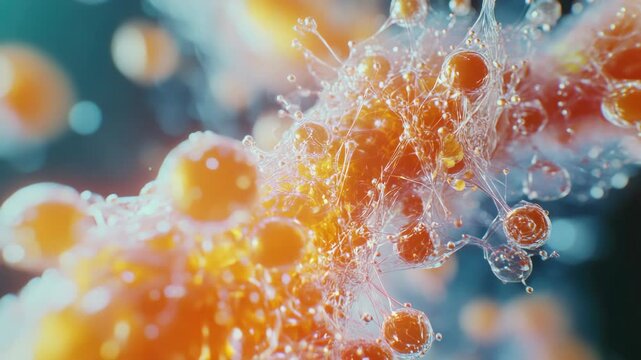 A microscopic view of marine life featuring spawning fish eggs with bubbles,  the intricate underwater world.
