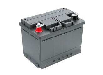Modern automotive car battery with positive and negative terminals isolated on transparent background