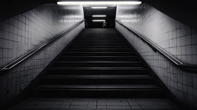 An empty subway station stairwell. Black and white graphy captures the vertical ascent of concrete steps.