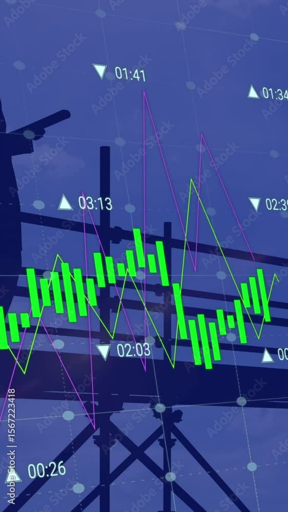 Poster animation of financial data processing over architect and construction site