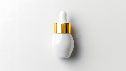 White dropper bottle with gold trim, minimalistic cosmetic packaging, isolated on white background, elegant and modern design for skincare or serum product
