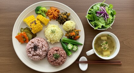 Healthy Vegetarian Plate Colorful Rice, Vegetables, and Soup