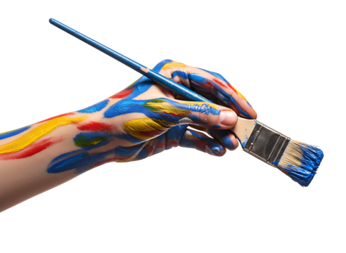 Artist s hand covered in colorful paint holding a paintbrush isolated on transparent background