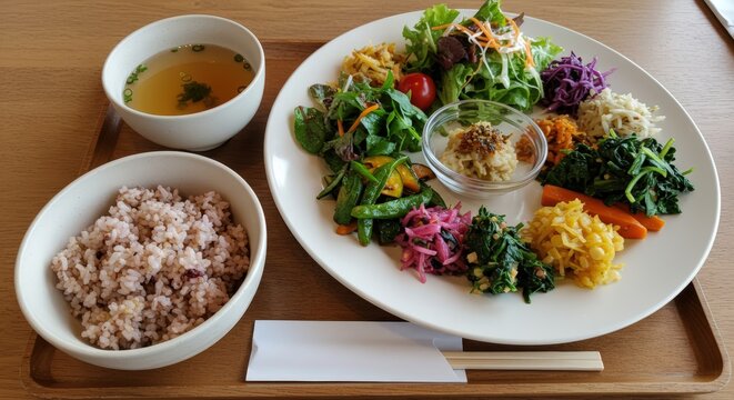 Delicious and Nutritious Vegetarian Plate A Rainbow of Fresh Vegetables, Grains, and Soup