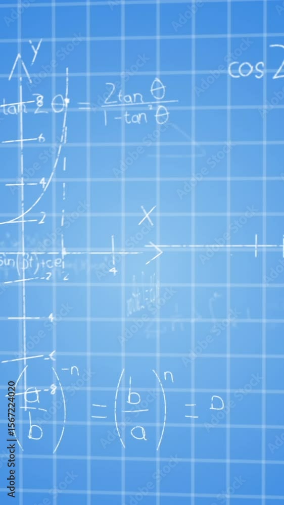 Poster animation of mathematical formulae with data processing and information flowing on blue background