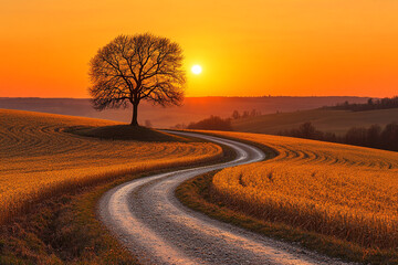 A peaceful rural landscape at sunset, with golden fields, a winding dirt road, and a solitary tree standing silhouetted against the orange sky.
