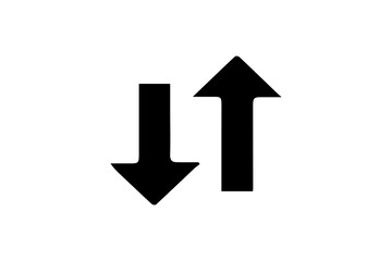 The image features a black silhouette icon of two vertical arrows. One arrow is pointing downward and the other is pointing upward, placed side by side. 