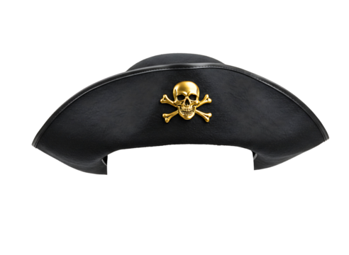 Black pirate hat with skull and crossbones isolated on transparent background