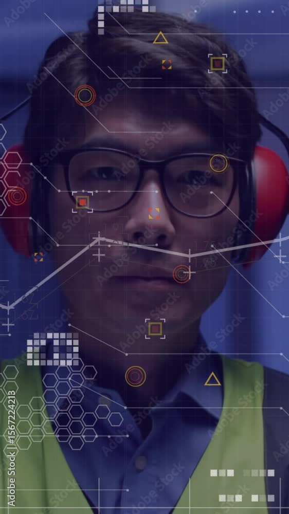Poster animation of graphs over asian man and man working in server room